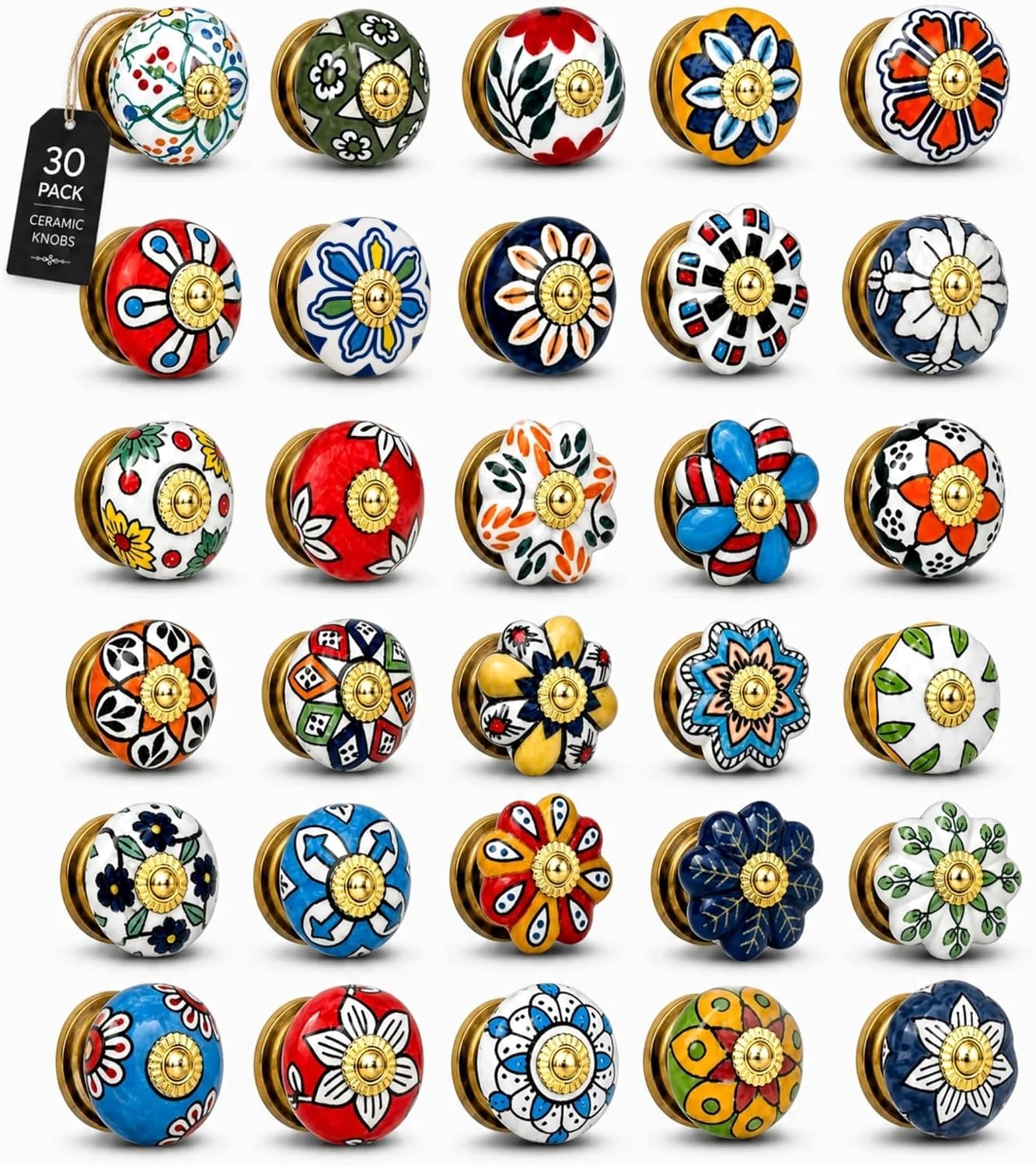 Wholesale assortment of handcrafted Indian ceramic cabinet knobs in floral, mandala, and geometric motifs with brass fittings.