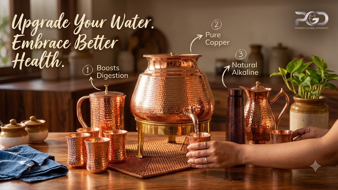 PGD Pure Copper Water Ware — Handcrafted copper matka dispensers, tumblers, and hammered jugs naturally alkalize drinking water, boost digestion, and promote overall wellness.